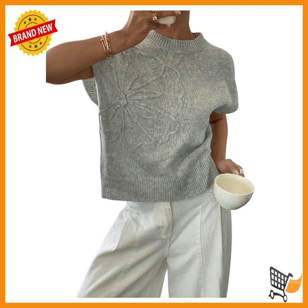 Short Sleeve 3D Floral Pullover Sweater - Lightweight Knit Top